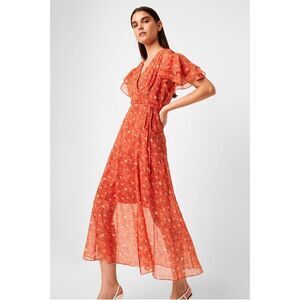 NWT French Connection Esi Crepe Midi Tea Flutter Sleeve Dress in Pumpkin 0
